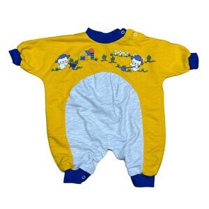 Vintage 90s Yellow Bunny Baby Romper 0–3 Months Cute Cartoon Rabbit Print Jumpsu